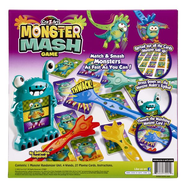 Box cover for the "Cra-Z-Art Monster Mash Board Game - Test your skills at matching!," showing a monster randomizer, wands, and cards. Players match and smash monsters using the provided equipment. No batteries required.