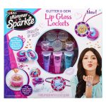Product packaging for Shimmer 'n Sparkle Glitter & Gem Lip Gloss Lockets, featuring lip gloss and accessories to create lockets, rings, necklaces, and bracelets. Suitable for ages 8 and up.