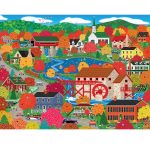 A vibrant autumn landscape features a village with colorful trees, a watermill, a church, houses, and a river with boats. People and cars are visible amidst the picturesque scenery of the RoseArt - Home Country - Old Mill Pond - 1000 Piece Jigsaw Puzzle.