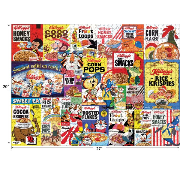 A collage of vintage Kellogg's cereal box designs, including Corn Flakes, Rice Krispies, Honey Smacks, and Frosted Flakes. The RoseArt - Kellogg's - Cereal Favorites - 1000 Piece Jigsaw Puzzle measures 20 inches by 27 inches.