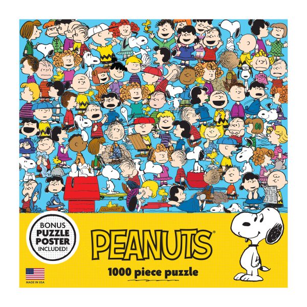 A 1000-piece RoseArt - Peanuts - Cast of Characters - 1000 Piece Jigsaw Puzzle featuring a dense collage of various characters from the Peanuts comic strip. A Snoopy illustration and yellow banner are at the bottom with the text "BONUS PUZZLE POSTER INCLUDED!.