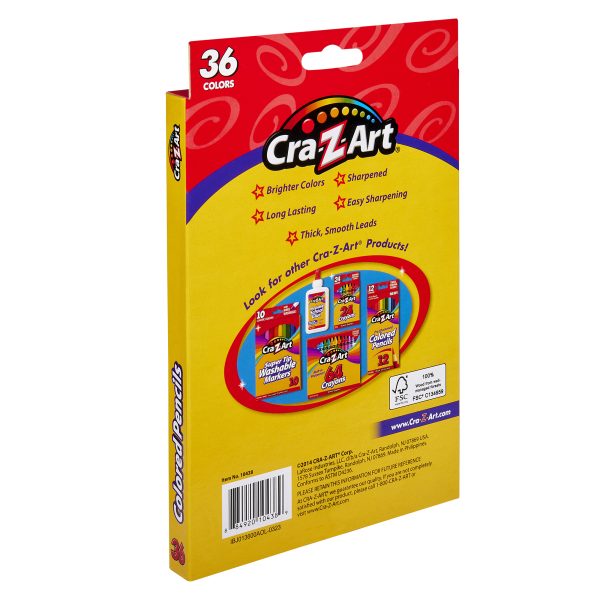 Back of a box of Cra-Z-Art Colored Pencils 36 Count showing 36 colors. The packaging highlights features like brighter colors, long-lasting leads, and easy sharpening. Images of other products are also displayed.