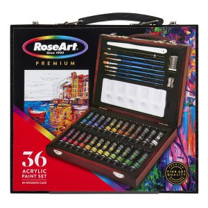 RoseArt Premium Wooden Box ACRYLIC PAINT ART SET 36 Count