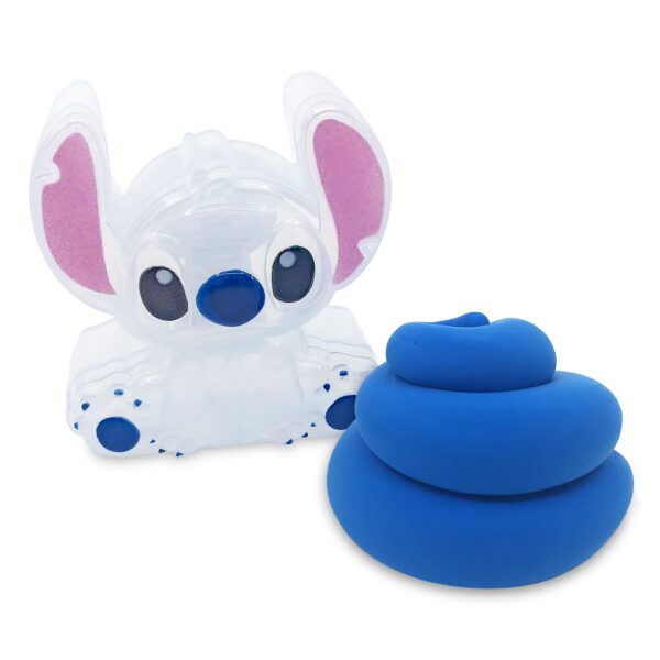 A Stitch Shaped Cra-Z-Slimy Container, resembling a small animal, sits next to a blue spiral-shaped object, capturing the essence of Stitch's playful chaos.
