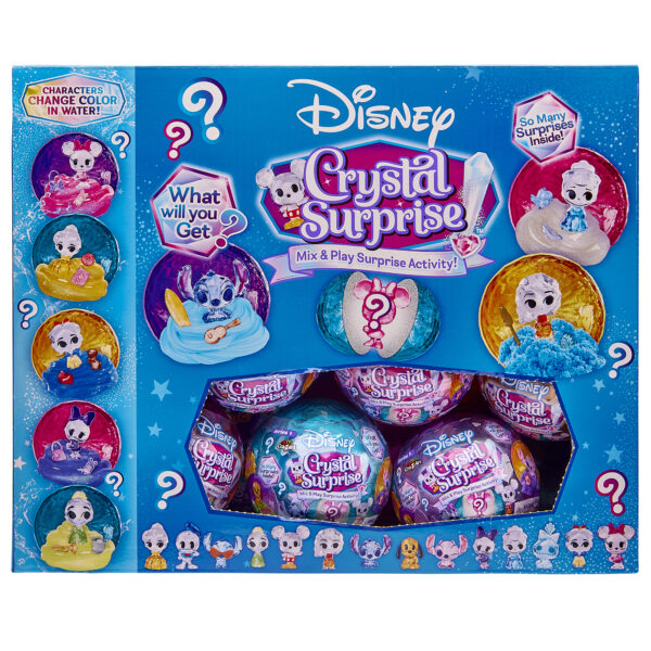 Explore the Disney Crystal Surprise Color Change Ball, a dazzling creation by Cra-Z-Art featuring vibrant figurines and intriguing question mark icons. Watch your favorite characters magically change color in water!