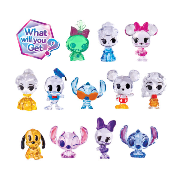 The Disney Crystal Surprise Color Change Ball offers a vibrant collection of translucent animal characters, including mice and dogs, with the intriguing message "What will you get?" displayed in the top left corner.