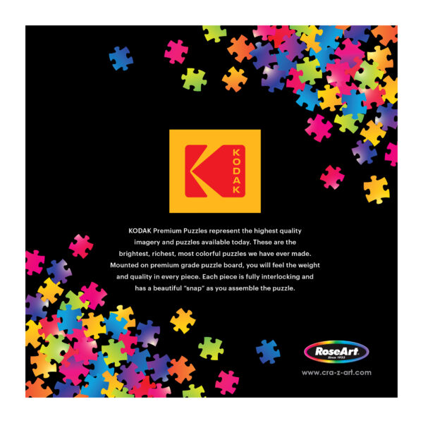 Colorful jigsaw pieces frame the Kodak Premium logo, showcasing the quality of Earl's Auto 1000-piece puzzle. The RoseArt logo at the bottom right enhances its creativity and excellence.