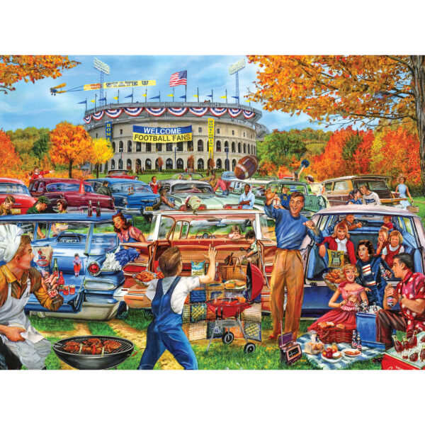 Tailgating fun unfolds in a stadium parking lot, with cars, grills, and tasty food under an autumn sky—just like completing the 750-piece ROSEART jigsaw puzzle "BACK TO THE PAST - TAILGATING FUN," capturing camaraderie and excitement.