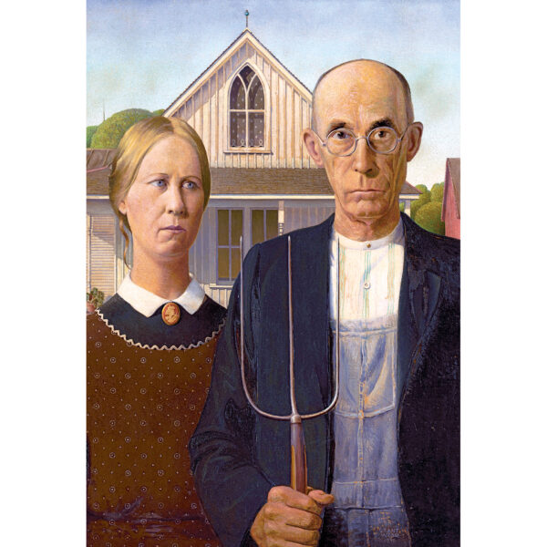 The iconic "American Gothic" by Grant Wood, featuring a stern man with a pitchfork beside a woman in front of a gothic farmhouse, is depicted in the ROSEART - KODAK MASTERS 2000-piece jigsaw puzzle.