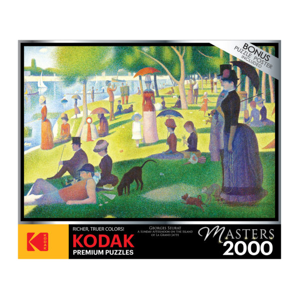 The ROSEART - KODAK MASTERS 2000-piece puzzle features Georges Seurat's iconic "A Sunday Afternoon on the Island of La Grande Jatte," showcasing serene park-goers, making it a must-have for art and puzzle enthusiasts.