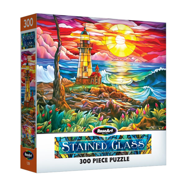 Experience a serene escape with the ROSEART 300-piece jigsaw puzzle, "Stained Glass - Summer Waves," featuring a beautiful lighthouse by the sea at sunset. Embrace colorful clouds and waves as you piece together this challenging and vibrant work of art.