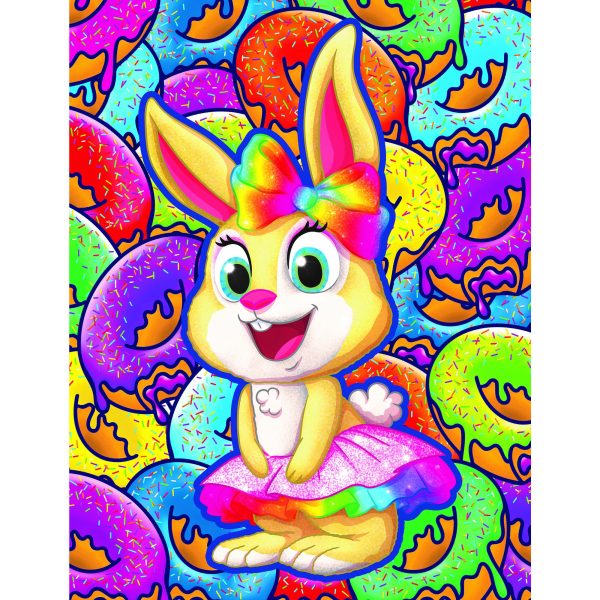 The ROSEART - LICENSED - XOMG BUNNY - 100 PIECE JIGSAW PUZZLE features a cheerful cartoon bunny with a colorful bow and tutu, smiling against a vibrant backdrop of multicolored donuts, delightfully whimsical like piecing together this puzzle.