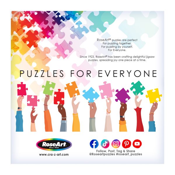 Illustration of diverse hands with colorful jigsaw pieces, featuring the text "Puzzles for Everyone," a ROSEART - HOBBY HAVEN - QUILT SHOP - 1000 PIECE JIGSAW PUZZLE logo, and social media icons.