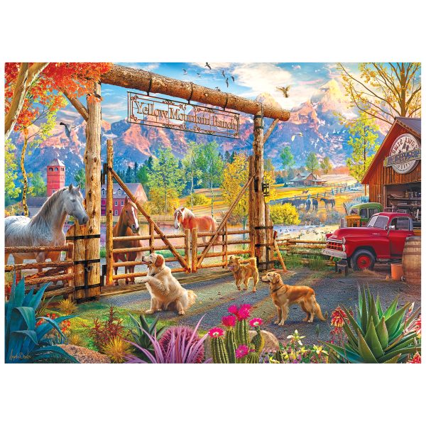 The ROSEART Kodak Premium Ranch Pickup 1000 Piece Jigsaw Puzzle features a picturesque scene with horses behind a wooden gate, dogs upfront, and a red pickup beside a barn, all set against colorful autumn mountains.