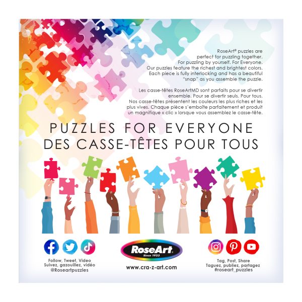 Hands of diverse skin tones hold colorful puzzle pieces against a white background, with text promoting the ROSEART - HEBE STUDIO - DOG'S LIFE - 300 PIECE JIGSAW PUZZLE for everyone in English and French.
