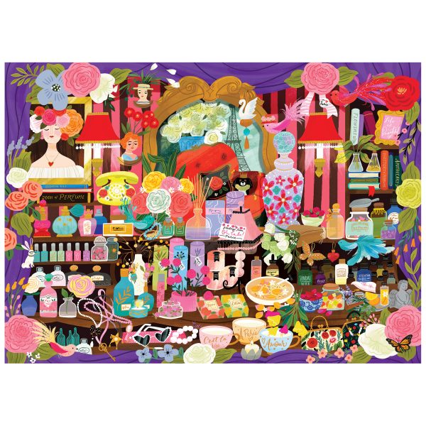 The ROSEART Seek & Find Paris Perfume Shop 1000 piece jigsaw puzzle features a vibrant vanity table scene with perfume bottles, flowers, cosmetics, and jewelry—capturing the charm of a Parisian boutique.