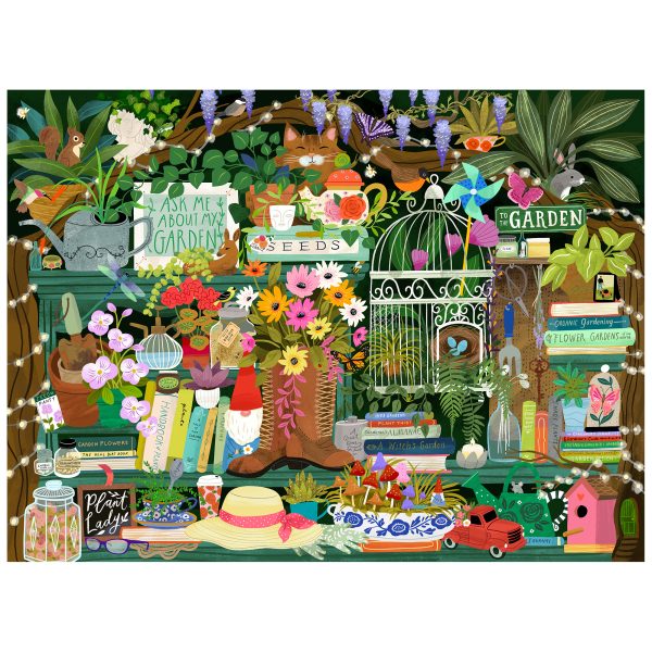 The ROSEART SEEK & FIND Gardener's Library 1000 piece jigsaw puzzle showcases a vibrant collage of garden tools, plants, books, flowers, seeds, a birdcage, signs, string lights, and more arranged on shelves.
