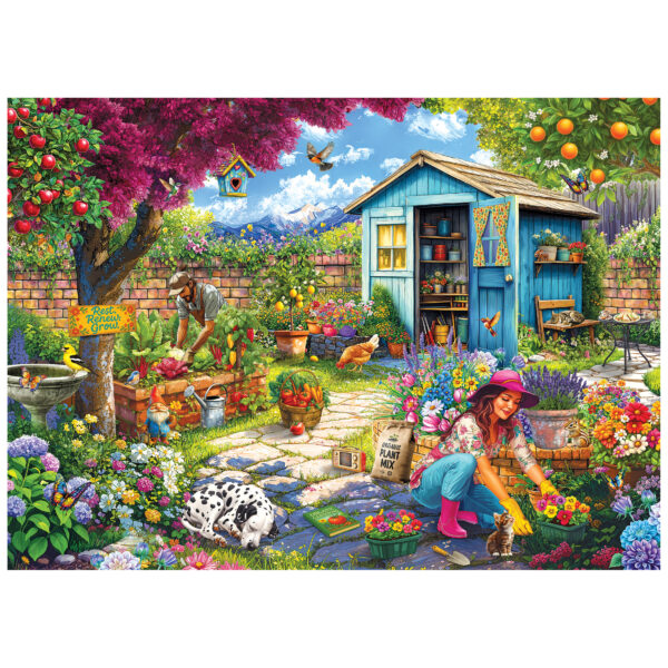 A couple enjoys their garden in ROSEART - HOBBY HAVEN - COUPLE IN THE GARDEN 1000 piece jigsaw puzzle, with a woman tending flowers by a blue shed, pets and birds nearby, another gardening vegetables, and fruit trees completing the scene.