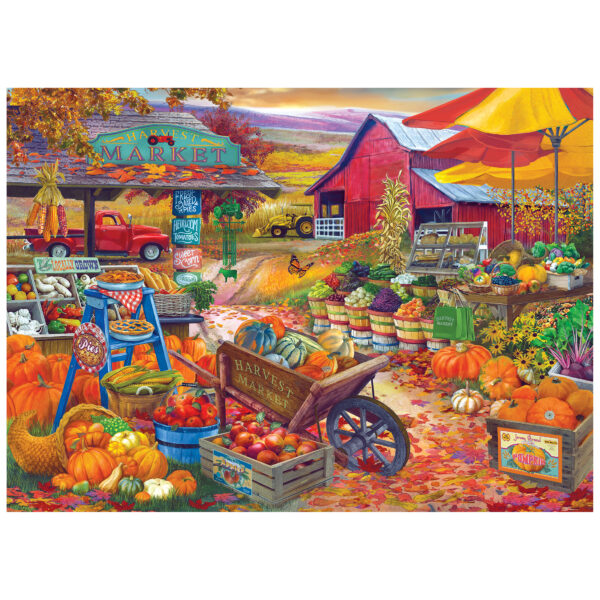 Enjoy assembling the ROSEART - BIGELOW COUNTRY - HARVEST MARKET 1000 piece puzzle, featuring a vibrant fall market with pumpkins, fruits, veggies, baskets, a red barn, autumn leaves, and a vintage truck in the background.