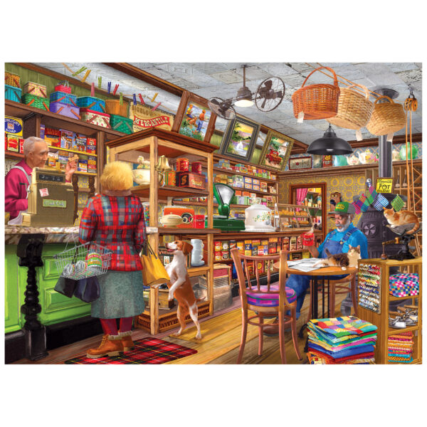 A woman with her dog shops and chats at busy Bigelow’s Mercantile while a man reads among baskets and colorful goods—captured in the lively ROSEART - BIGELOW COUNTRY - BIGELOW'S MERCANTILE - 1000 PIECE JIGSAW PUZZLE.