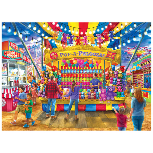 Experience the ROSEART - BIGELOW COUNTRY - FAIR GAMES - 1000 PIECE JIGSAW PUZZLE, where players enjoy "Pop-A-Palooza" balloon-popping to win plush prizes amid vibrant booths, bright lights, and classic carnival rides.