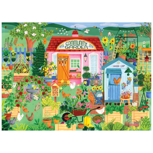 Enjoy piecing together the ROSEART Hobby Haven Community Garden 1000 piece puzzle, featuring a colorful scene with flowers, veggies, a pink garden house, blue chicken coop with chickens, and gardening tools.