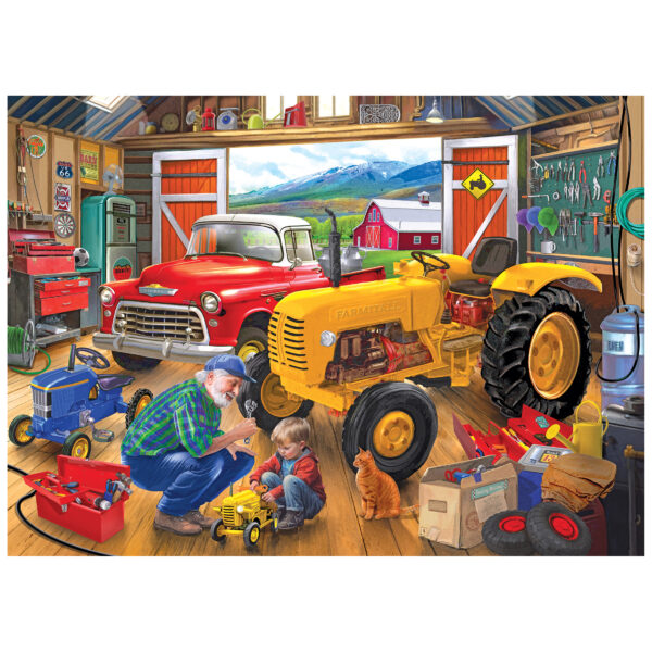 A man and child play with toy tractors in a barn workshop, surrounded by tools, vehicles, and a cat—just like the cozy scene from the ROSEART - HOBBY HAVEN - BOOKSHELF - 1000 PIECE JIGSAW PUZZLE.