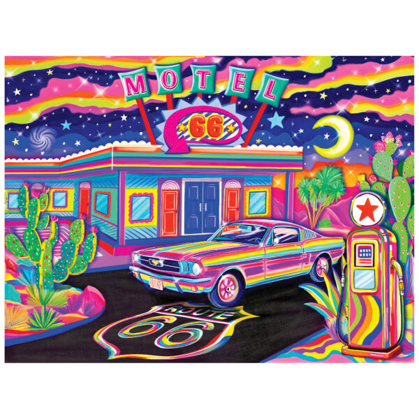 ROSEART - NEON BRIGHTS - RT 66 NIGHT is a 500 piece jigsaw puzzle featuring a vintage motel, classic car, gas pump, and cacti under a starry night—ideal for fans of nostalgic Americana and vibrant puzzle art.