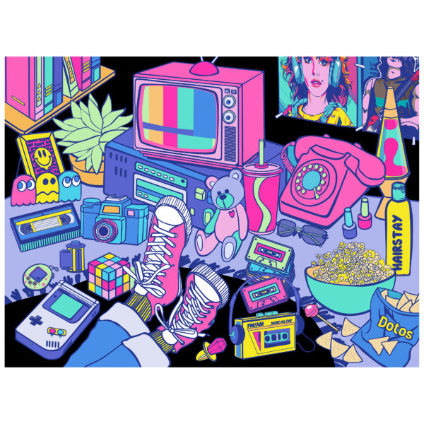 Relive the 80s with ROSEART - NEON BRIGHTS - 1980'S - 500 PIECE JIGSAW PUZZLE, featuring a colorful illustration of retro icons like CRT TVs, cassette tapes, Game Boy, VHS tapes, and more in a vibrant neon decor.