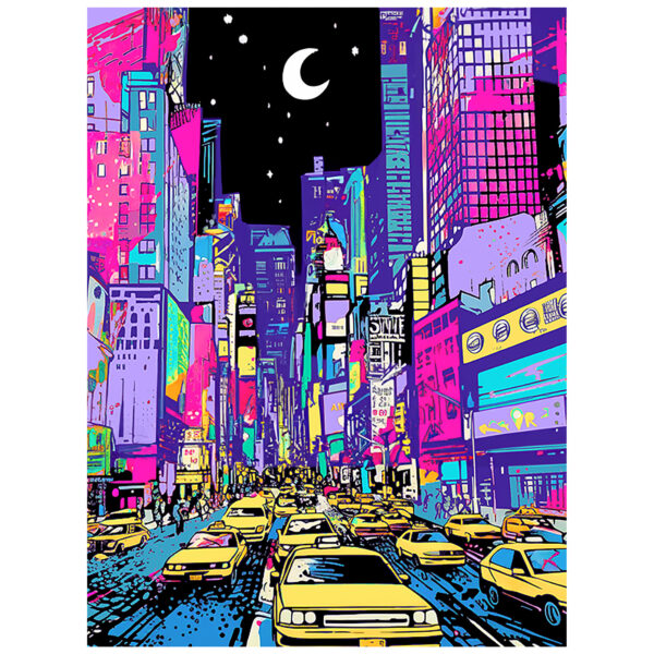 Experience the ROSEART NEON BRIGHTS NYC 500 Piece Jigsaw Puzzle, featuring a lively city street at night with yellow taxis, vibrant buildings, neon lights, and a crescent moon—ideal for NYC puzzle enthusiasts!.