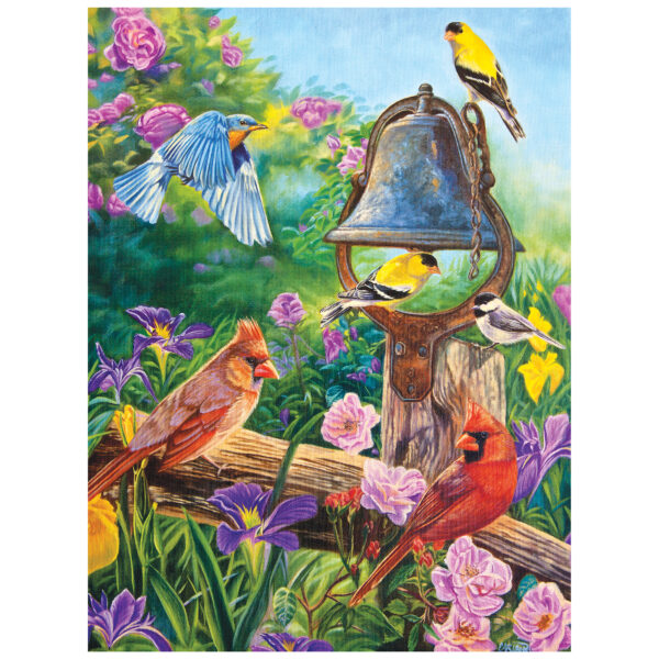 Cardinals, goldfinches, and a bluebird gather around a rustic bell amid blooming flowers in the ROSEART - KODAK PREMIUM - GARDEN MELODIES 350 piece jigsaw puzzle, creating a charming garden scene.