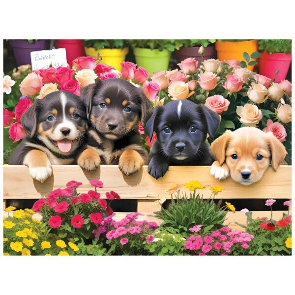 Four cute market puppies rest on a wooden fence, surrounded by vibrant flowers and rose pots—a delightful scene featured on the ROSEART - KODAK PREMIUM - MARKET PUPPIES - 350 PIECE JIGSAW PUZZLE.