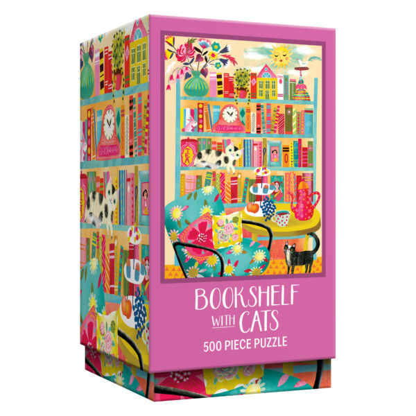 The ROSEART VERTICAL VISIONS "Bookshelf with Cats" is a 500 piece jigsaw puzzle featuring an illustrated bookshelf filled with cats, books, and cozy decor.