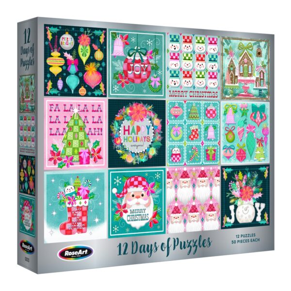 The ROSEART 12 Days of Christmas Advent Calendar includes 12 festive 100-piece jigsaw puzzles with holiday images like ornaments, trees, Santa, and snowmen—perfect for a fun countdown to Christmas.