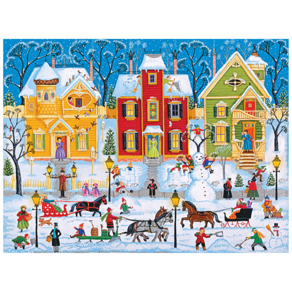 Experience a snowy village with colorful homes, skaters, sleighs, and kids building a snowman in the ROSEART KODAK PREMIUM After the Snow Falls 350-piece jigsaw puzzle—set under a blue sky with bare trees.