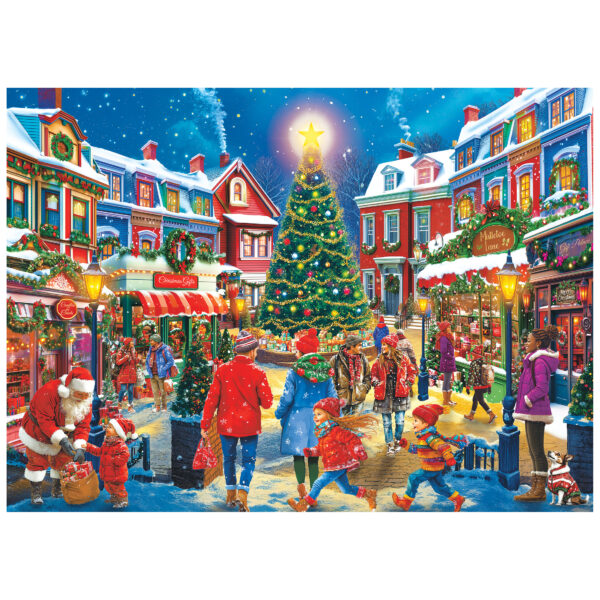 A festive town square at night, people gathered around a sparkling tree and shops aglow with lights and falling snow—just like the scene in the ROSEART KODAK PREMIUM CHRISTMAS VILLAGE 1000 PIECE JIGSAW PUZZLE.