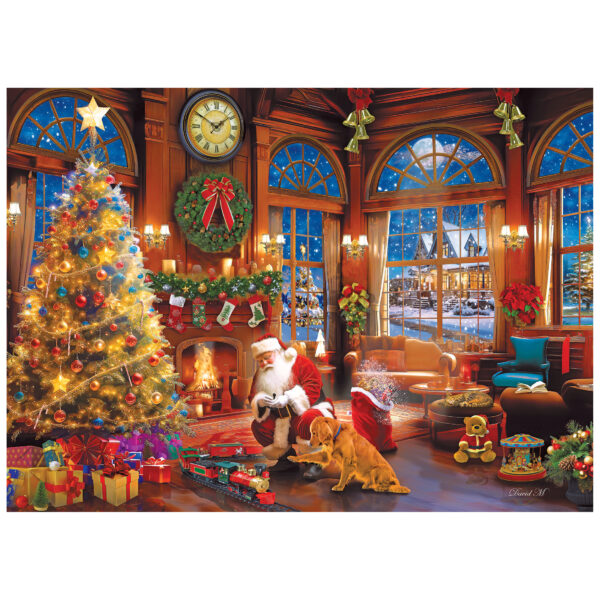 Santa kneels by a decorated tree and dog in a festive room with gifts, toys, and a glowing fireplace as snow falls—capturing true Christmas spirit in the ROSEART KODAK PREMIUM - CHRISTMAS MAGIC 1000 PIECE JIGSAW PUZZLE.