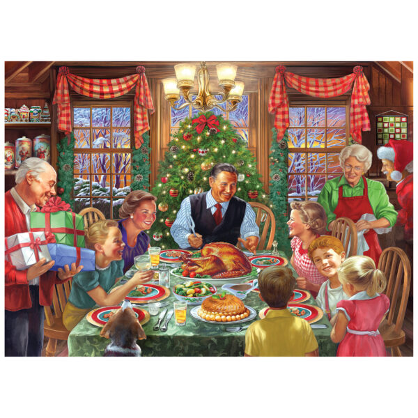 Celebrate the holidays with ROSEART - BACK TO THE PAST - HOLIDAY TABLE, a 1000 piece jigsaw puzzle featuring a family gathering for a festive meal, an older man with gifts, and a Christmas tree by the window.