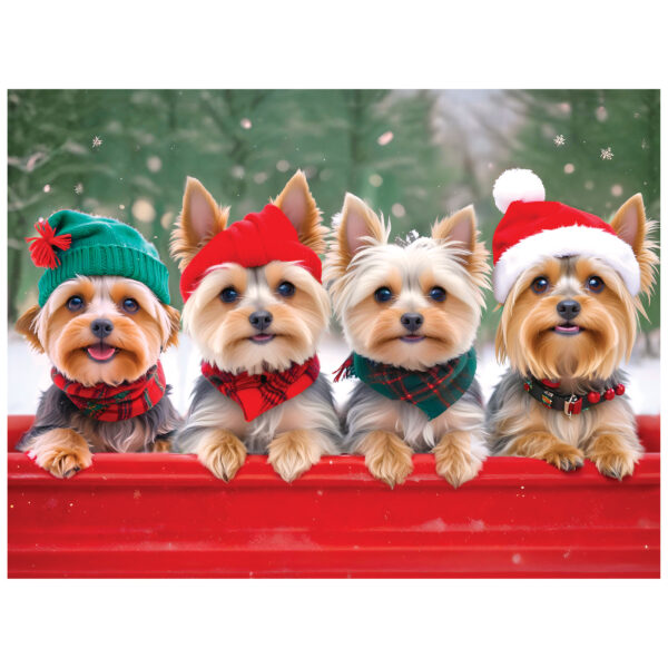 Four small dogs in festive hats and scarves sit behind a red barrier with a snowy, green outdoor backdrop—featured on the ROSEART KODAK PREMIUM YORKIE HOLIDAYS 350 PIECE JIGSAW PUZZLE.