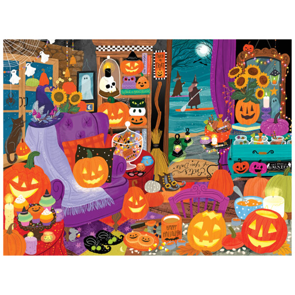 Experience the magic of Halloween with the ROSEART HALLOWEEN WITCHING HOUR 500 piece jigsaw puzzle—featuring a festive room filled with jack-o'-lanterns, candles, treats, and costumed witches under a full moon.