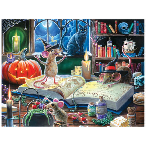 Three magical mice mix potions in a candlelit room with a jack-o’-lantern, black cat, and shelves of jars—captured in the ROSEART - HALLOWEEN - MISCHIEVOUS MICE 500 PIECE JIGSAW PUZZLE, perfect for Halloween fun.
