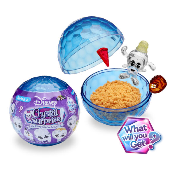 The Disney Crystal Surprise Series 2 toy set features a blue spherical container, orange sand, and a clear figurine. Packaging shows text and a "What will you get?" graphic.