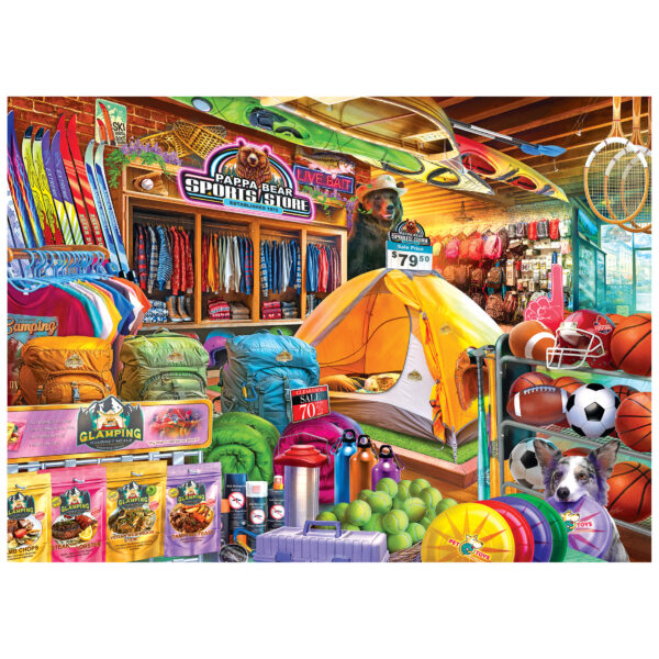 Piece together the ROSEART-KODAK PREMIUM-PAPA BEAR SPORTING GOODS-1000 PIECE JIGSAW PUZZLE, featuring a vibrant outdoor sports store scene with camping gear, backpacks, a yellow tent, sports balls, apparel, equipment, and even a dog.