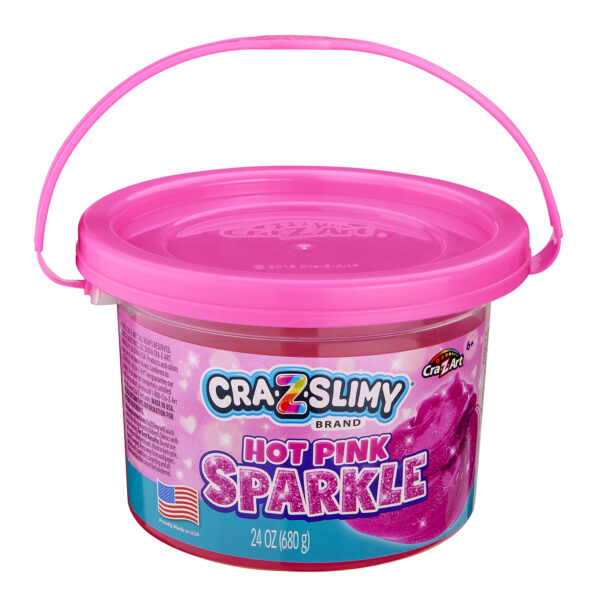 A 24 oz container of Cra-Z-Slimy Brand Hot Pink Sparkle slime with a pink lid and handle. The label features glittery pink and blue graphics.