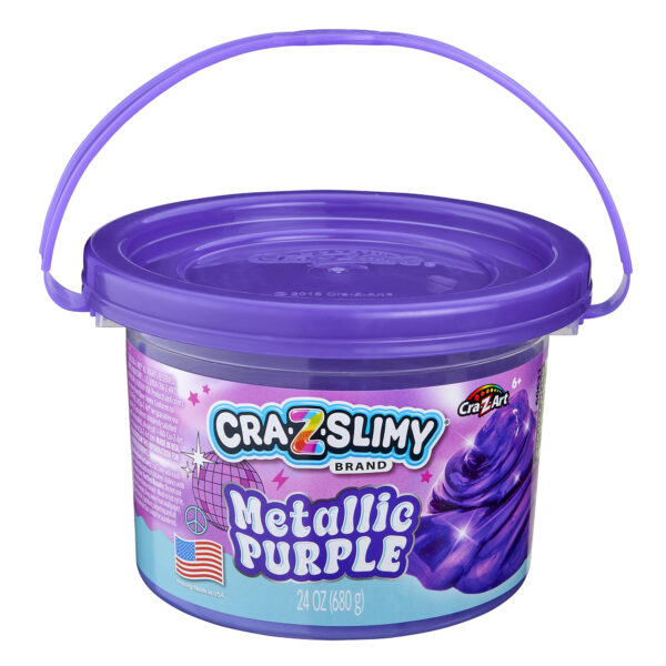 A 24-ounce tub of Cra-Z-Slimy Brand Metallic Purple slime with a purple handle and colorful label featuring product details.