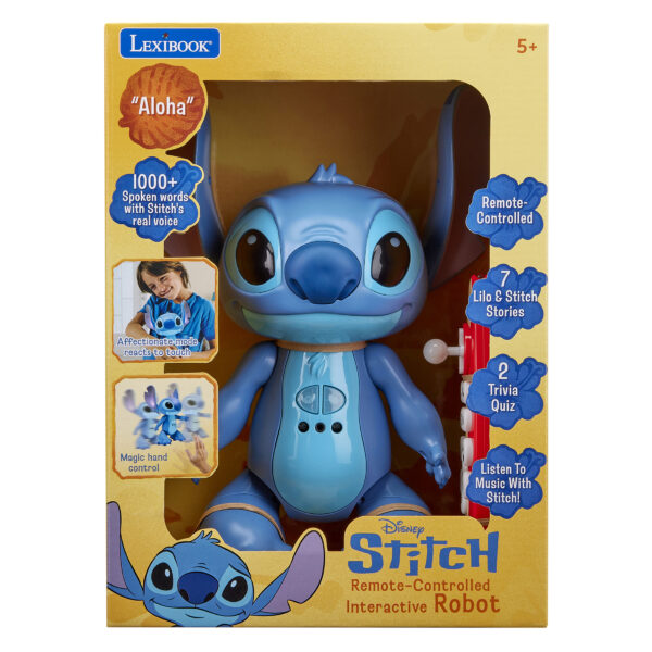 Boxed Lexibook Disney Stitch remote-controlled interactive robot toy, featuring blue Stitch character and highlights of its spoken words, trivia quiz, and music features on the packaging.